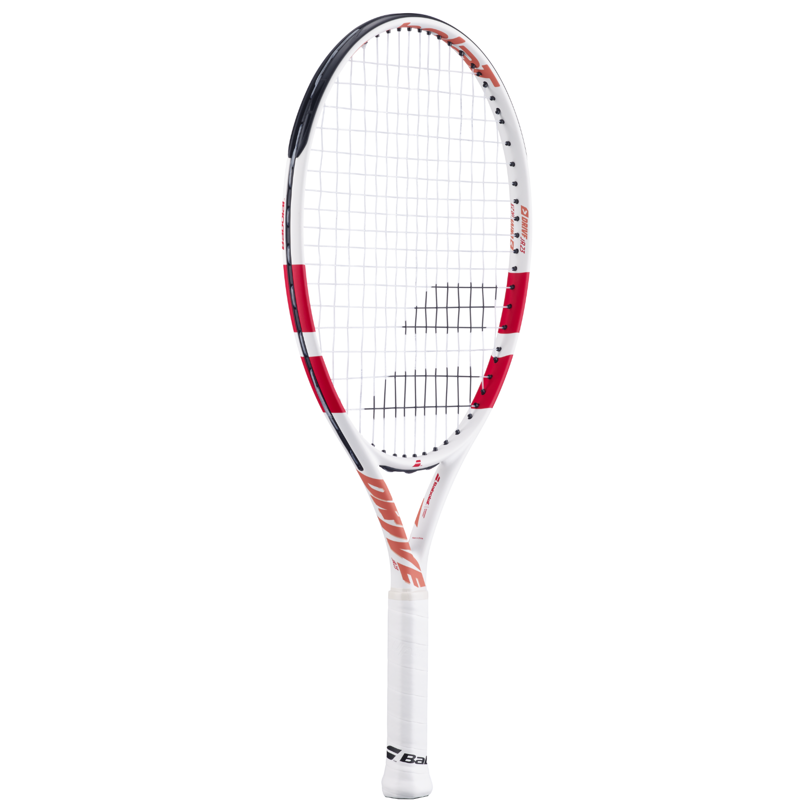 Babolat Drive Jr 23 junior tennis racquet, white and red frame with black accents, white grip.