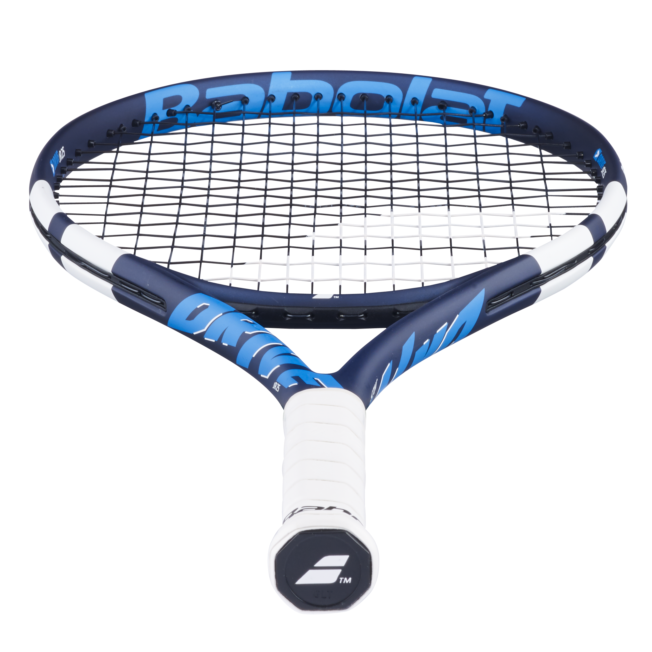 Babolat Drive Jr 25 tennis racquet in blue and white with a white grip.