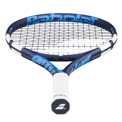 Babolat Drive Jr 25 tennis racquet in blue and white with a white grip.