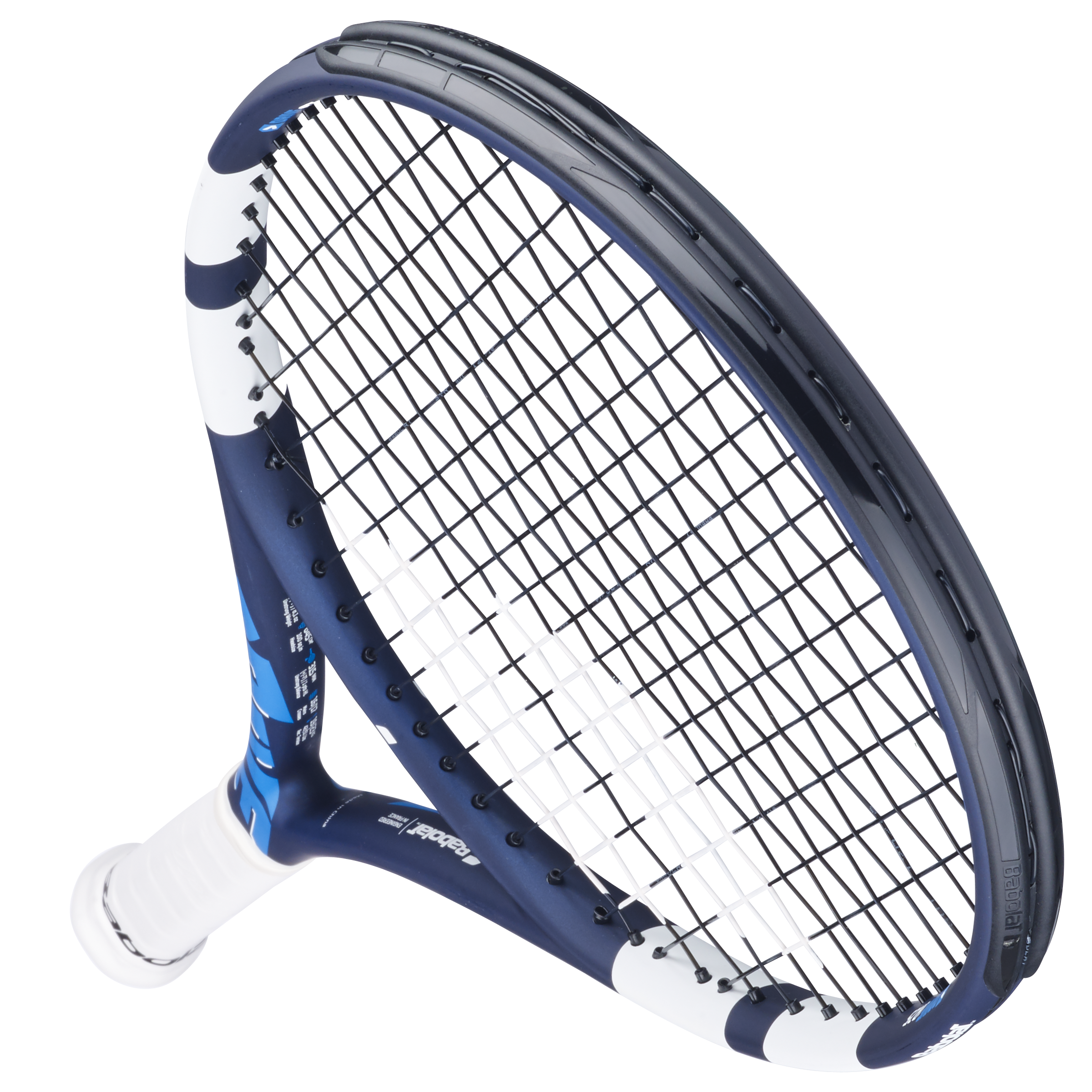 Babolat Drive Jr 25 junior tennis racquet in blue and white with black strings and white grip.