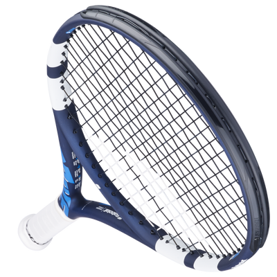 Babolat Drive Jr 25 junior tennis racquet in blue and white with black strings and white grip.