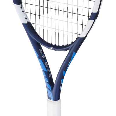 Babolat Drive Jr 25 blue and white junior tennis racquet with black and white strings.
