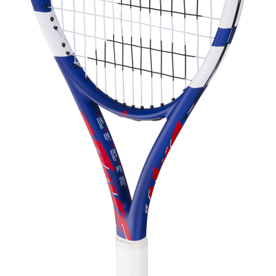 Babolat Junior Tennis Racquet Drive Jr 25, blue and red frame with white grip and strung head.