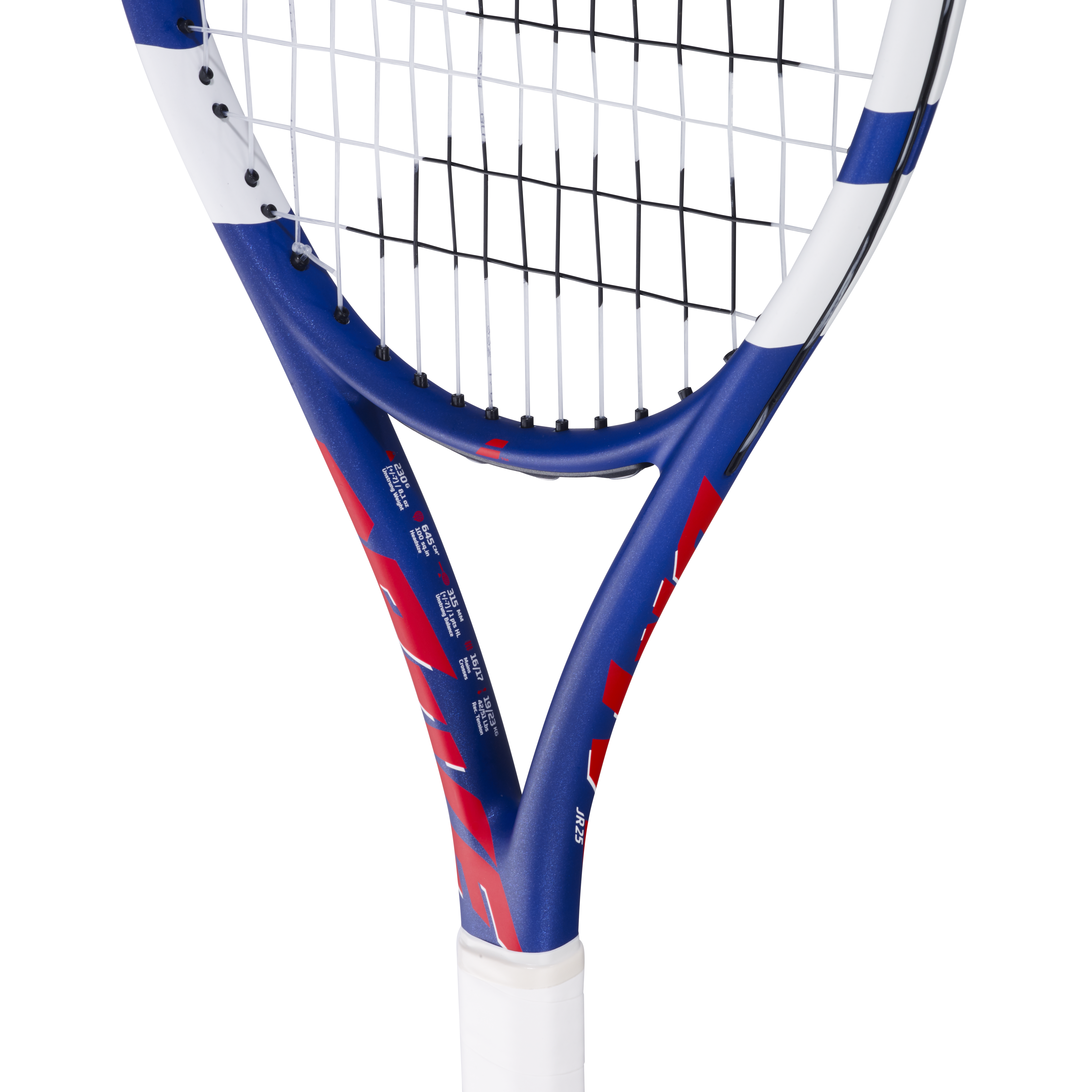 Babolat Junior Tennis Racquet Drive Jr 25, blue and red frame with white grip and strung head.