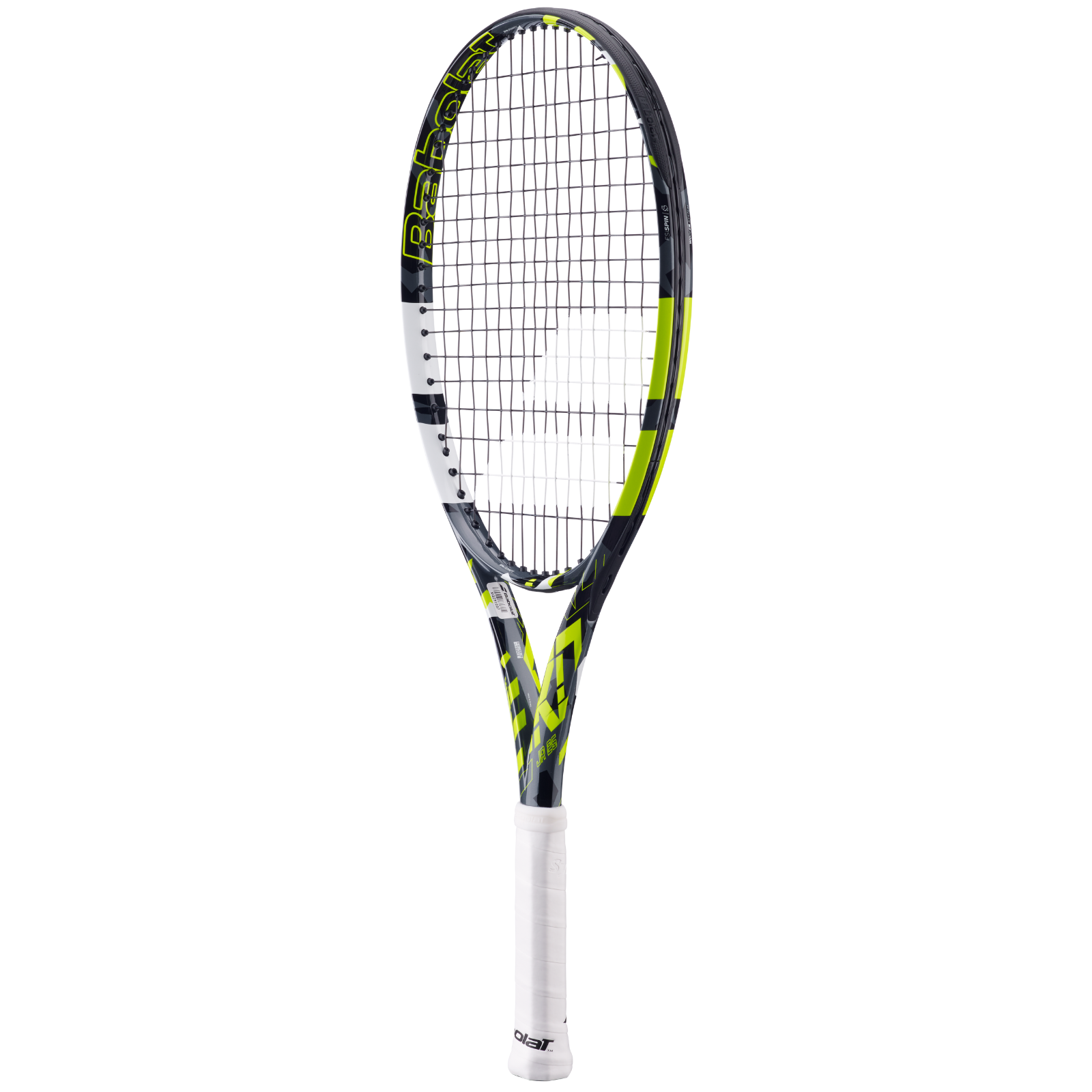 Babolat Pure Aero Junior 25 tennis racquet, black, neon yellow, and white design with white grip.