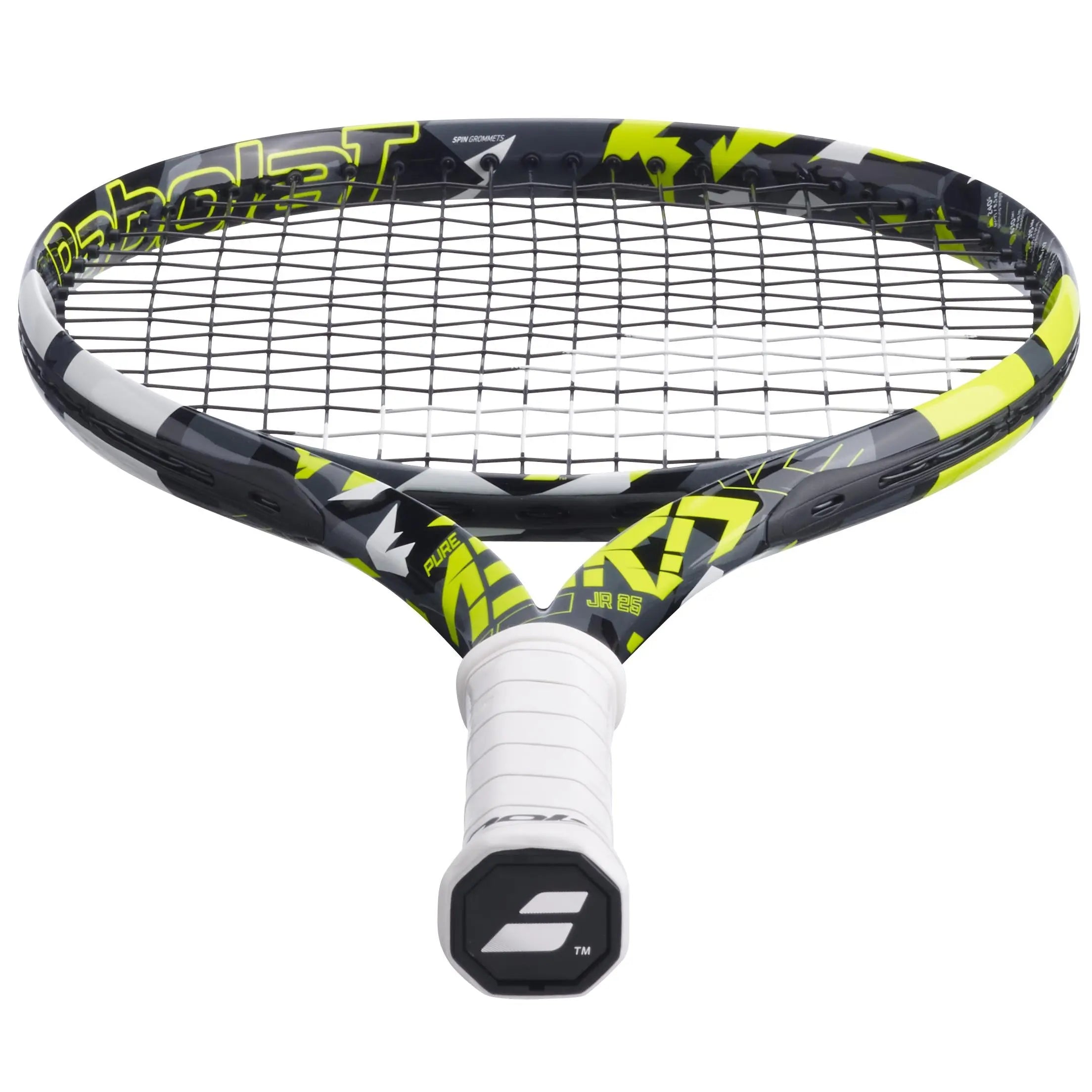 Babolat Pure Aero Junior 25 tennis racquet with black, neon yellow, and white aerodynamic frame, white grip.