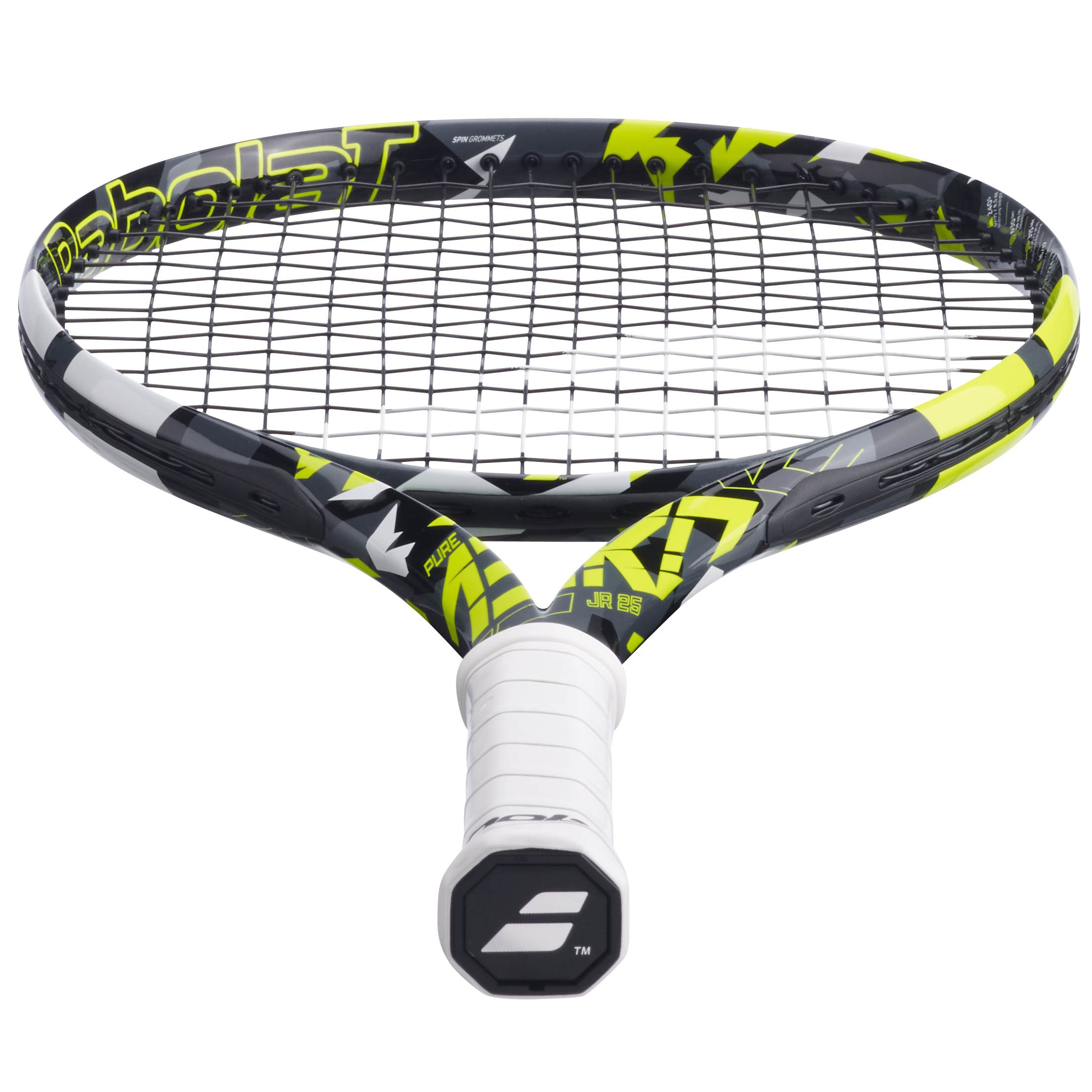 Babolat Pure Aero Junior 25 tennis racquet with black, neon yellow, and white aerodynamic frame, white grip.