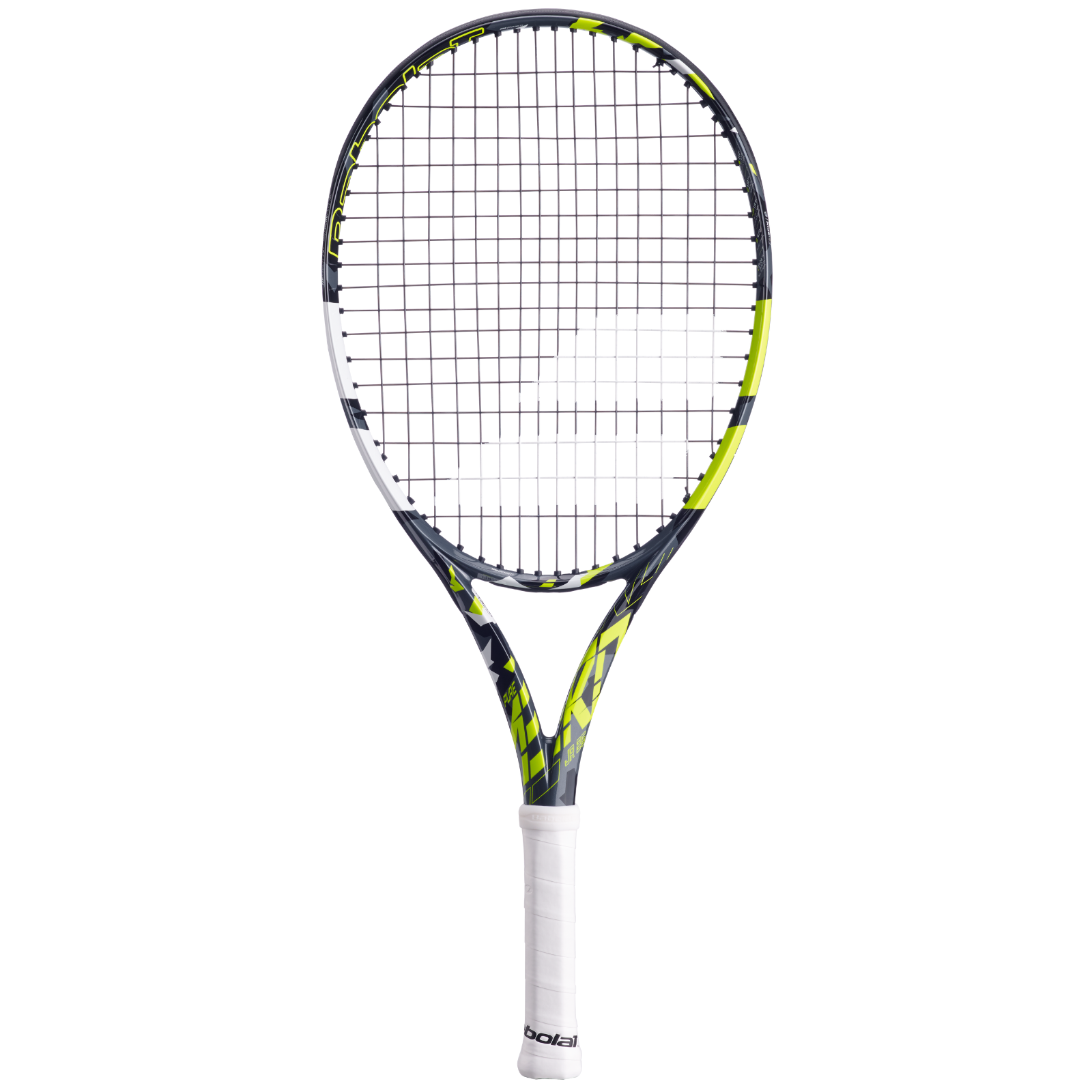 Babolat Pure Aero Junior 25 tennis racquet with black, yellow, and white design, white grip, and strung face.