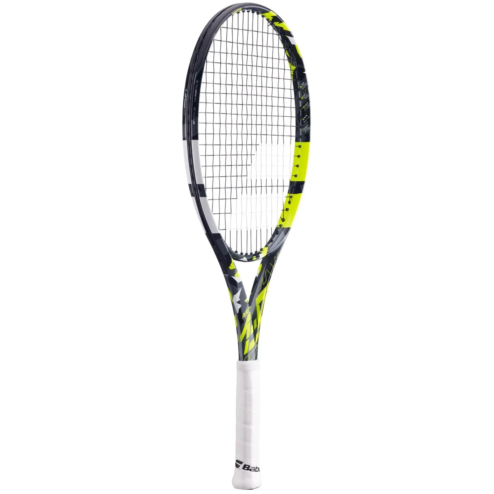 Babolat Pure Aero Junior 26 tennis racquet with black, yellow, and white design, white grip.