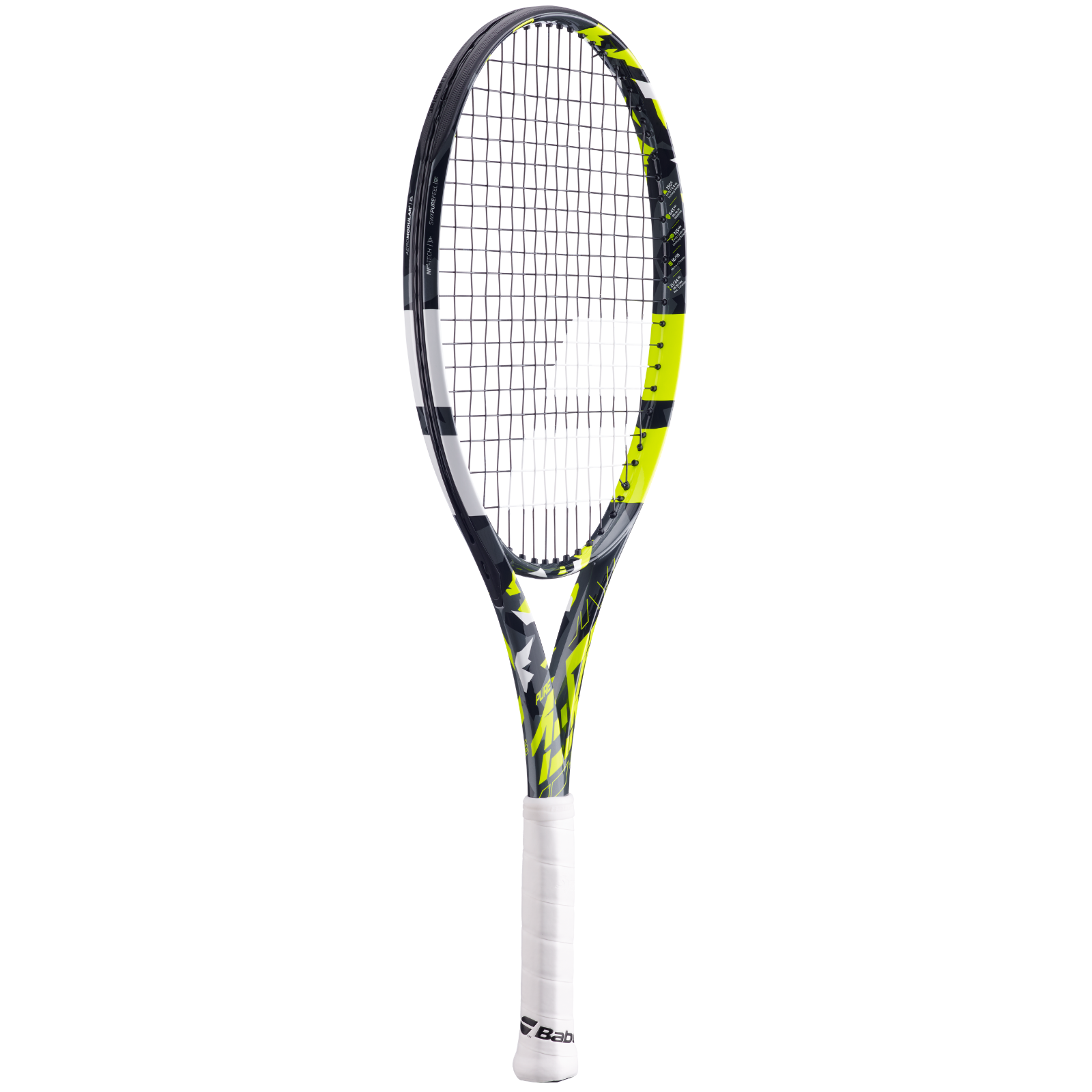 Babolat Pure Aero Junior 26 tennis racquet with black, yellow, and white design, white grip.