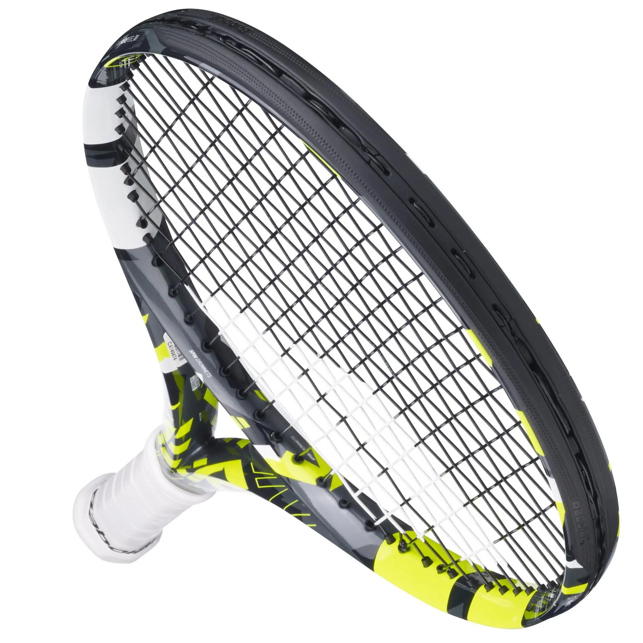 Babolat Pure Aero Junior 26 tennis racquet with black, white, and neon yellow aerodynamic frame.