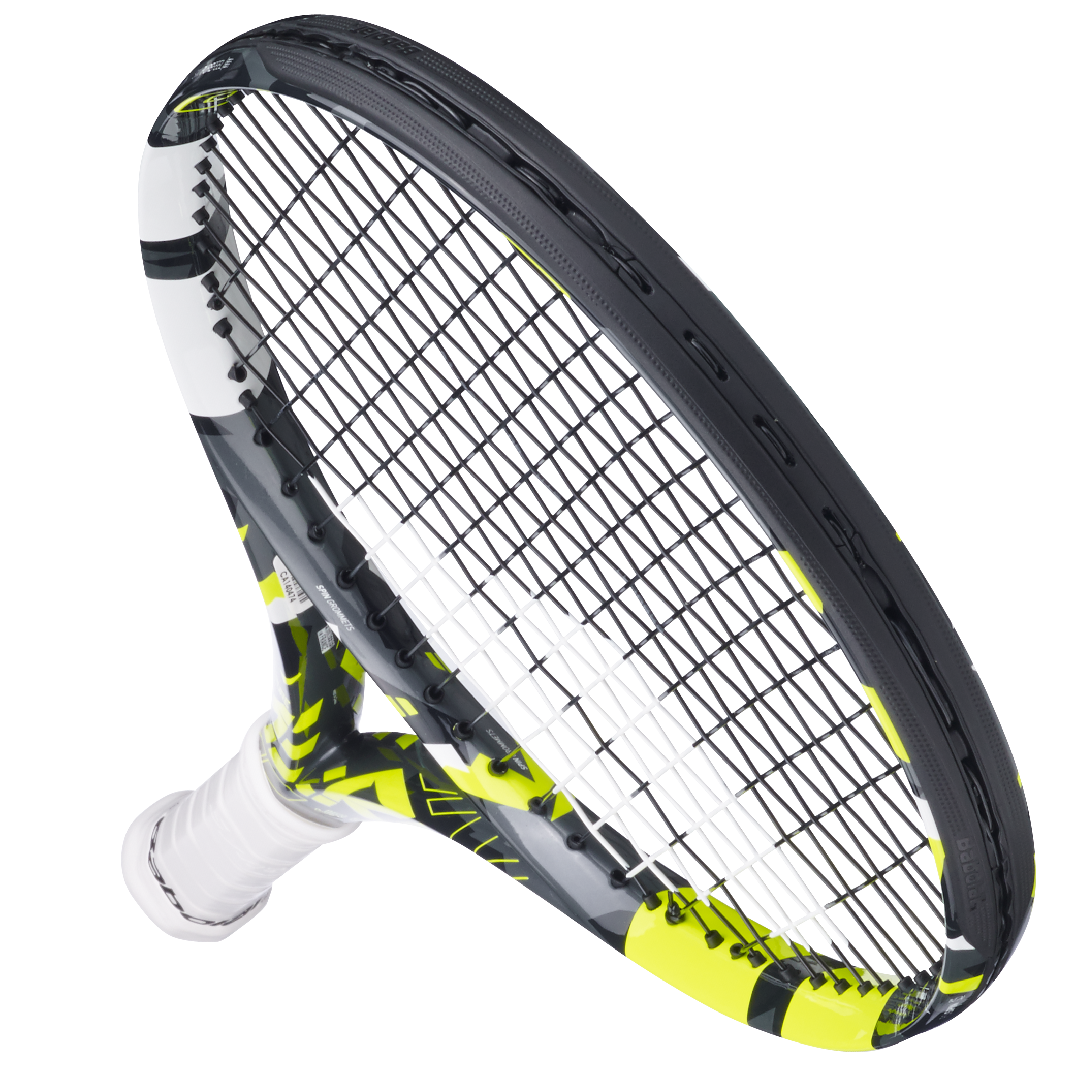 Babolat Pure Aero Junior 26 tennis racquet with black, white, and neon yellow aerodynamic frame.