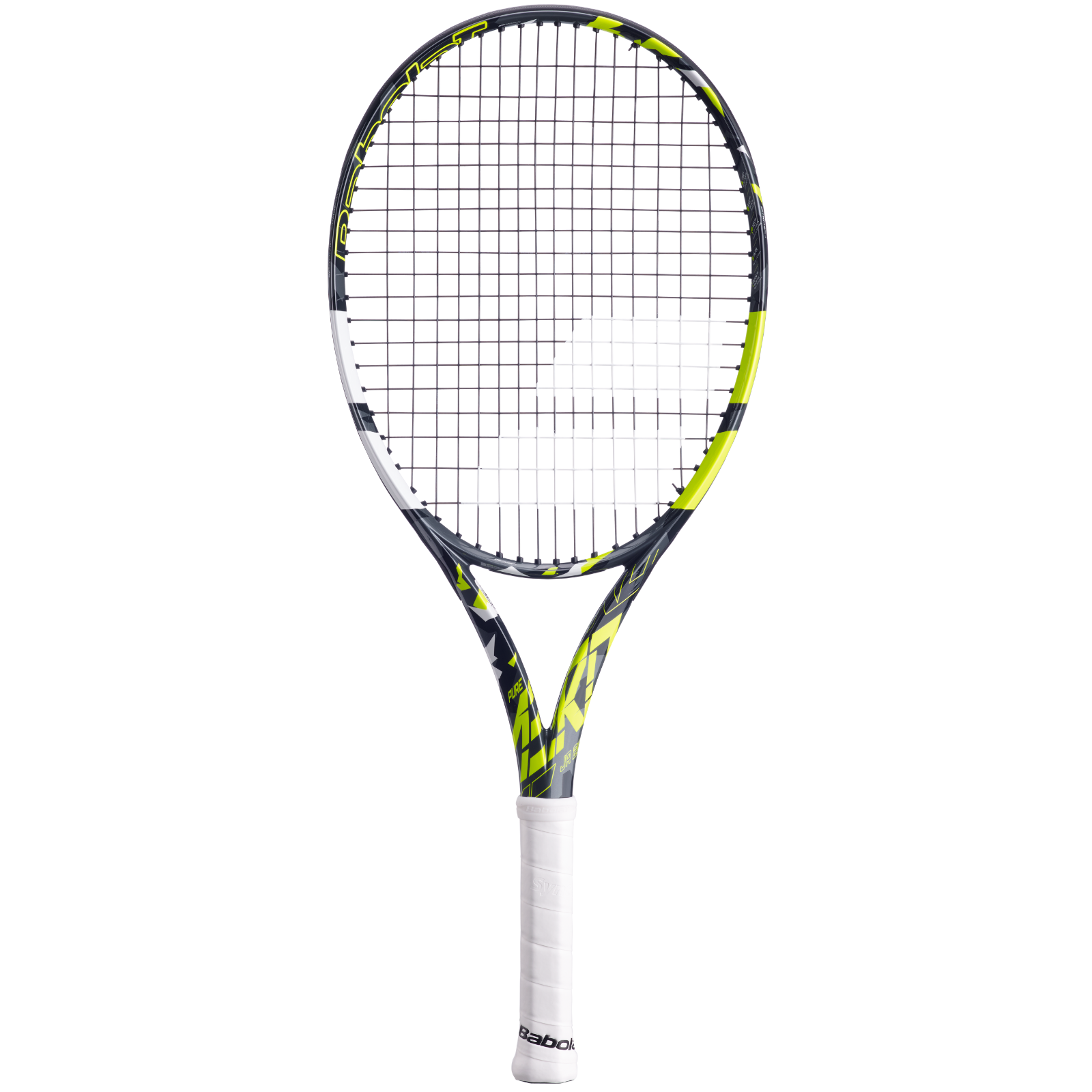 Babolat Pure Aero Junior 26 tennis racquet with a black, neon yellow, and white frame, white grip.