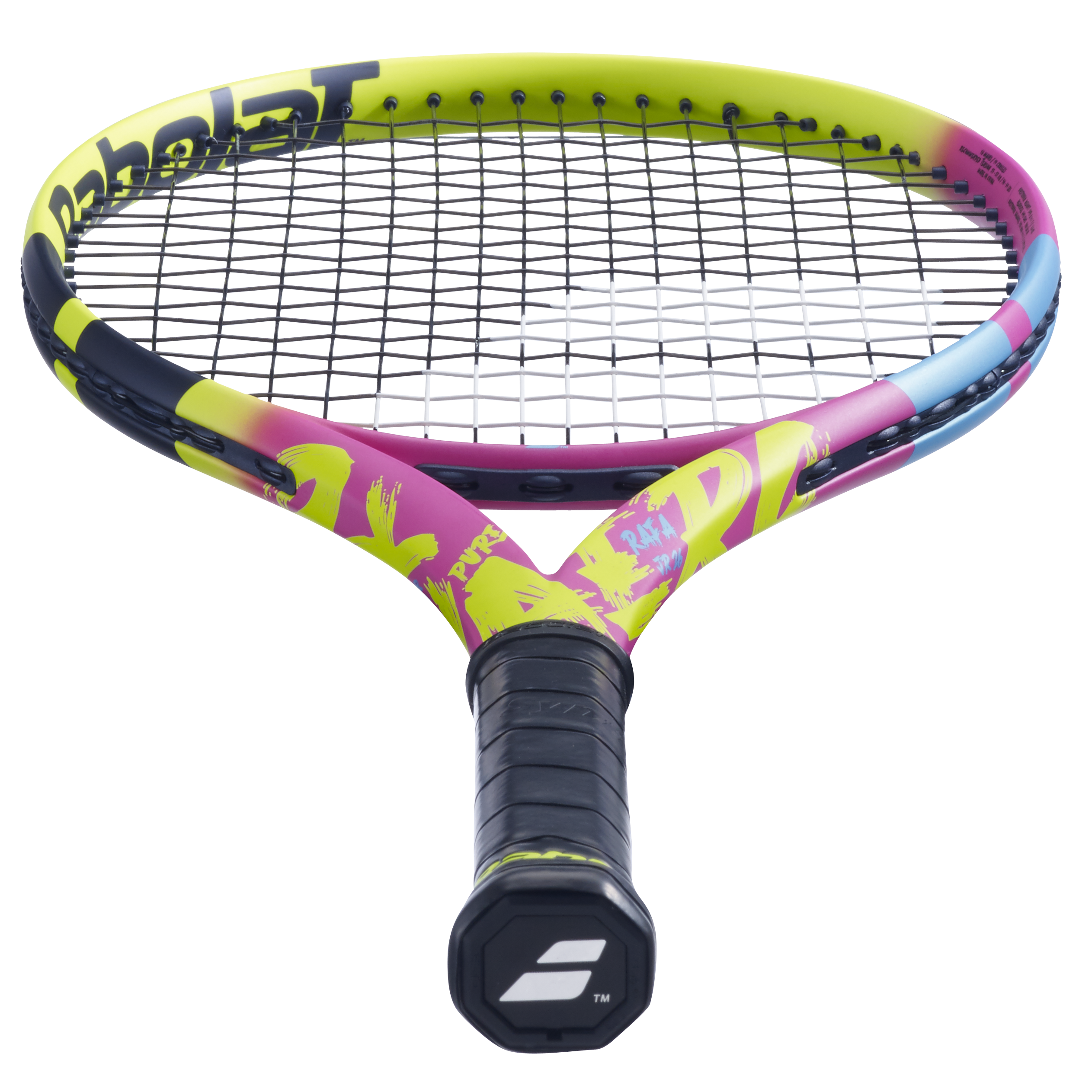 Babolat Pure Aero Rafa Jr 26 tennis racquet with vibrant pink, yellow, and blue design.