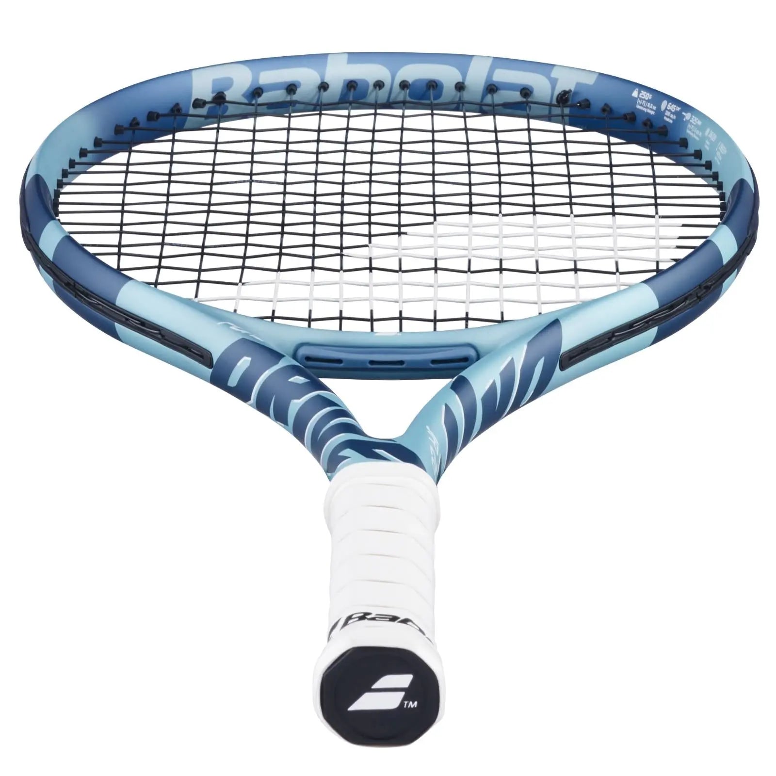 Babolat Pure Drive Jr 26 tennis racquet in lite blue and dark blue camouflage with white grip.