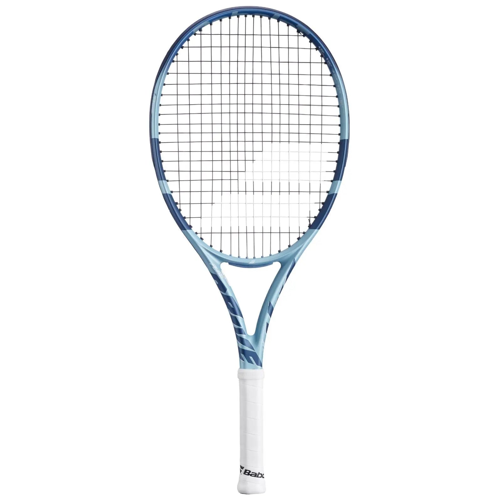 Babolat Pure Drive Jr 26 tennis racquet in lite blue and dark blue, 250g, with white grip.