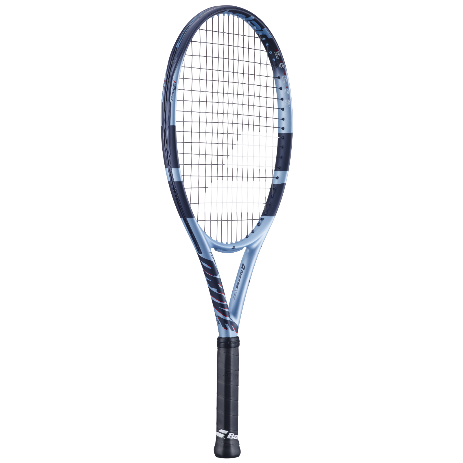 Babolat Pure Drive Junior 25 tennis racquet in light blue and dark blue with black grip.