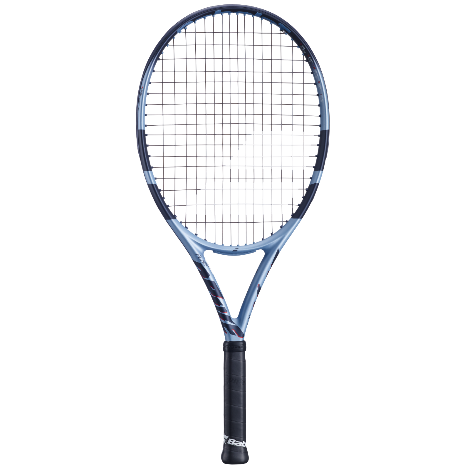 Babolat Pure Drive Junior 25 tennis racquet in blue, black, and white with a black grip.