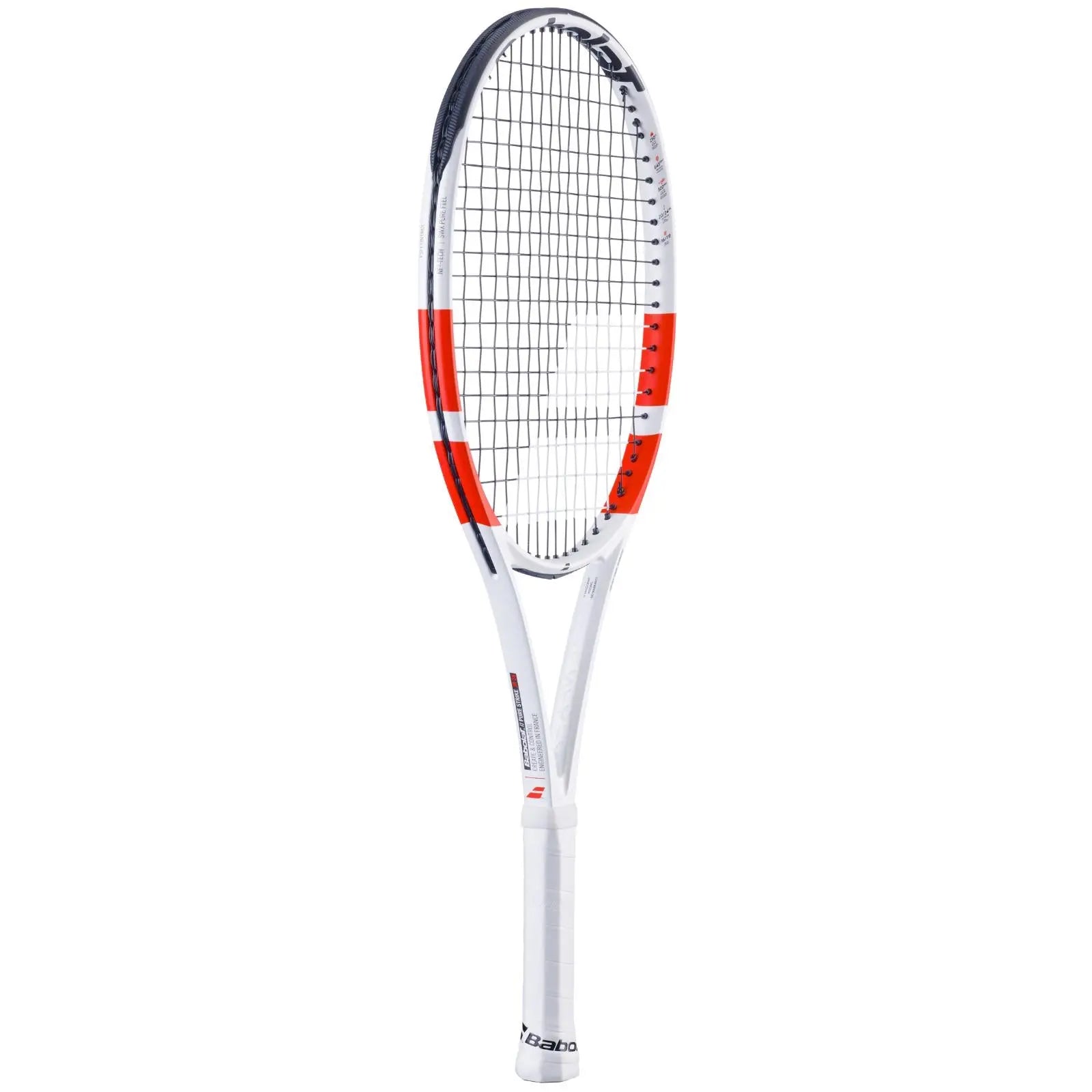 White Babolat Pure Strike Jr 26 tennis racquet with orange accents and black string.