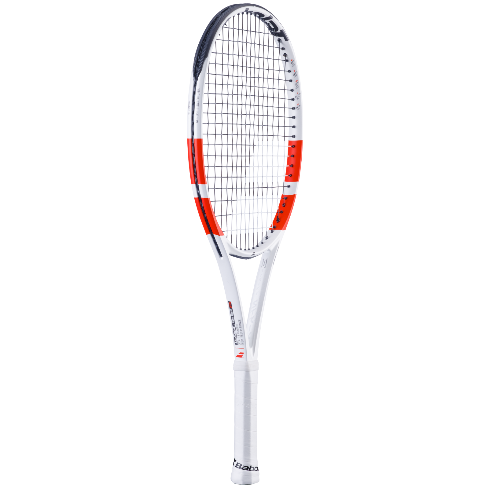 White Babolat Pure Strike Jr 26 tennis racquet with orange accents and black string.