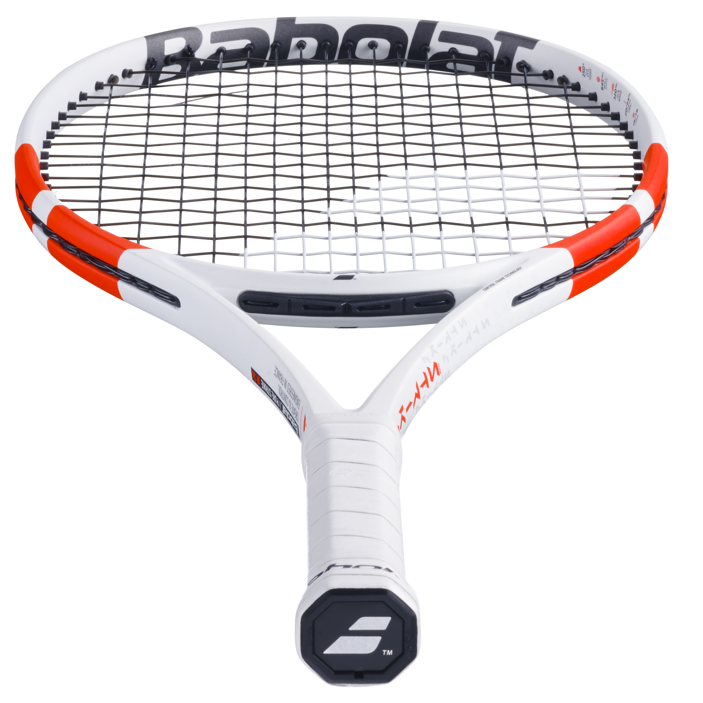 Babolat Pure Strike Jr 26 tennis racquet, white with orange accents, black strings, and a white grip.