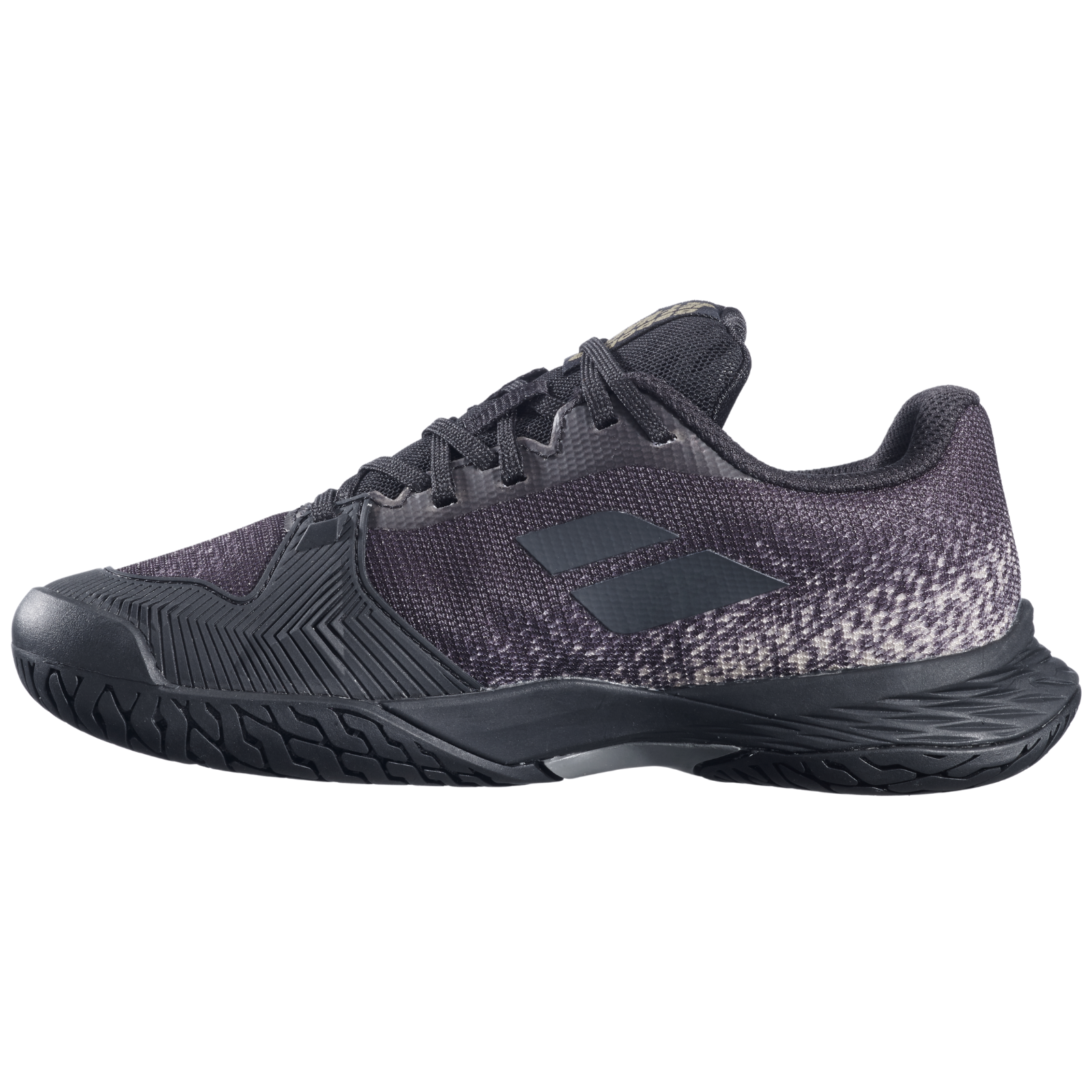 Babolat Jet Mach 3 Jr All Court tennis shoe in black with textured upper and durable sole.