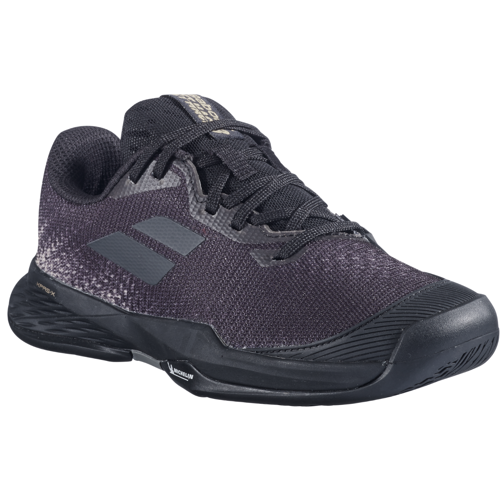 Babolat Junior Jet Mach 3 All Court tennis shoe in dark purple and black with Michelin outsole.