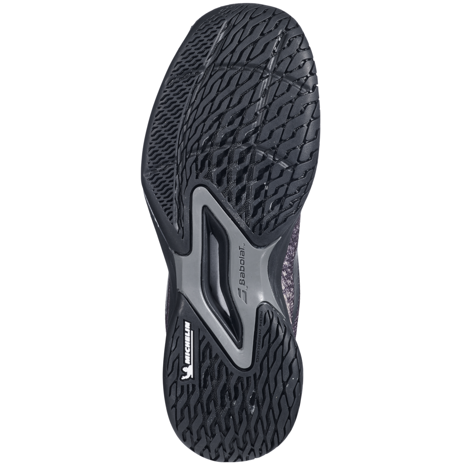 Babolat Junior Jet Mach 3 All Court tennis shoe sole, black Michelin rubber outsole with textured grip.