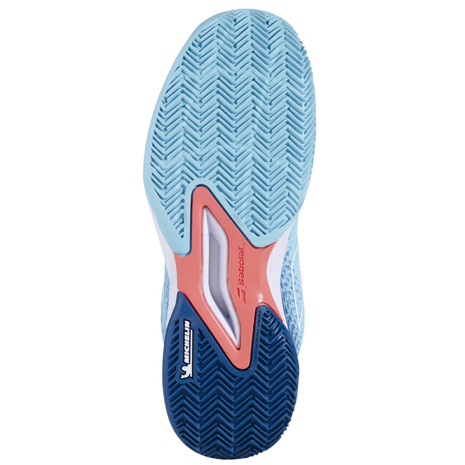 Babolat Jet Mach 3 JR junior tennis shoe sole, light blue with dark blue Michelin tread and coral accent.