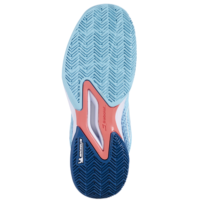 Babolat Jet Mach 3 JR junior tennis shoe sole, light blue with dark blue Michelin tread and coral accent.