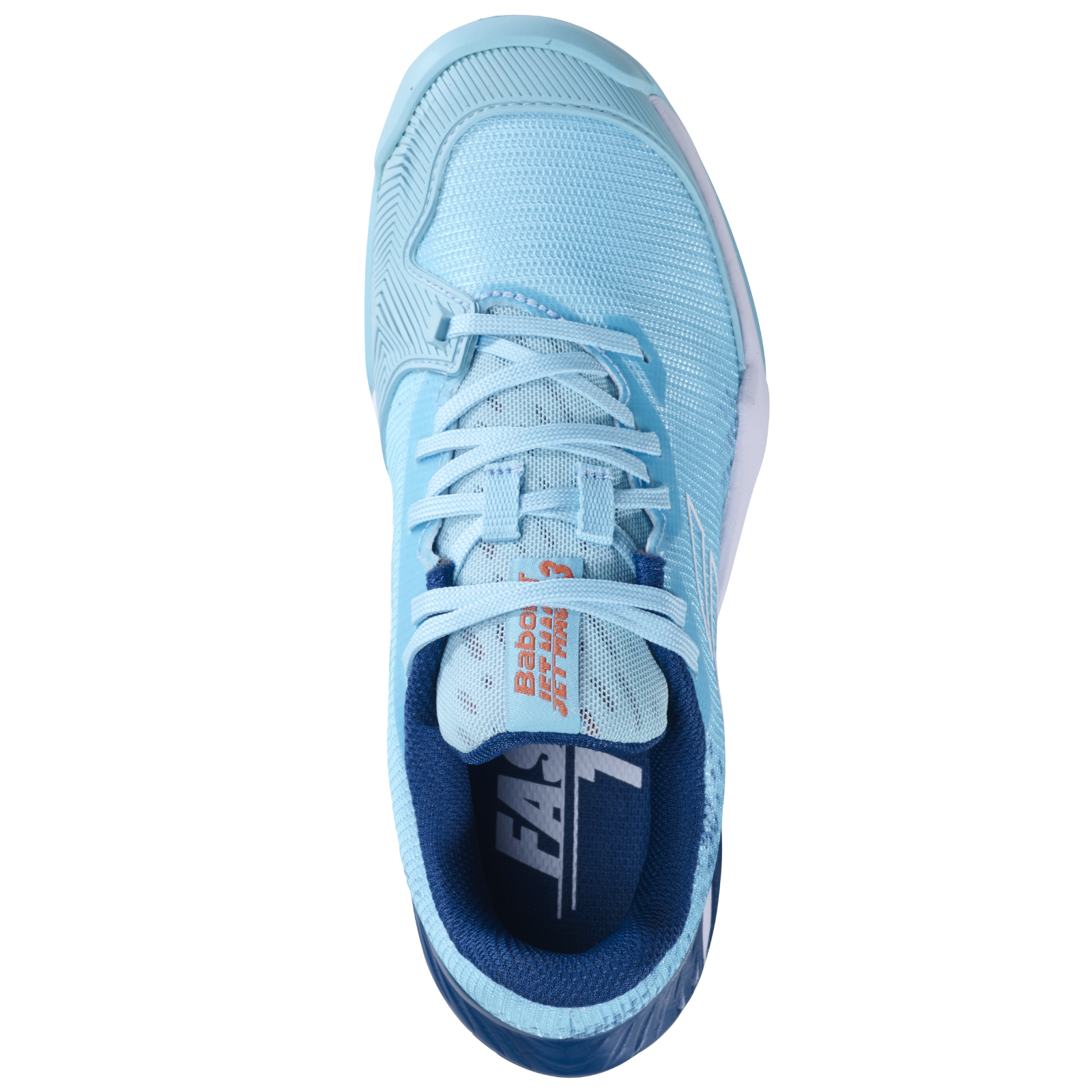 Light blue Babolat Jet Mach 3 JR junior tennis shoe, top-down view, with mesh upper and orange logo.