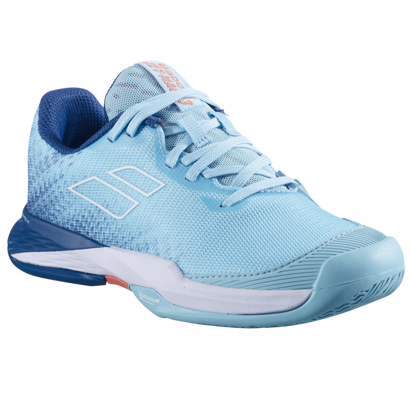 Babolat Jet Mach 3 JR junior tennis shoe in light blue mesh with white logo and dark blue accents.