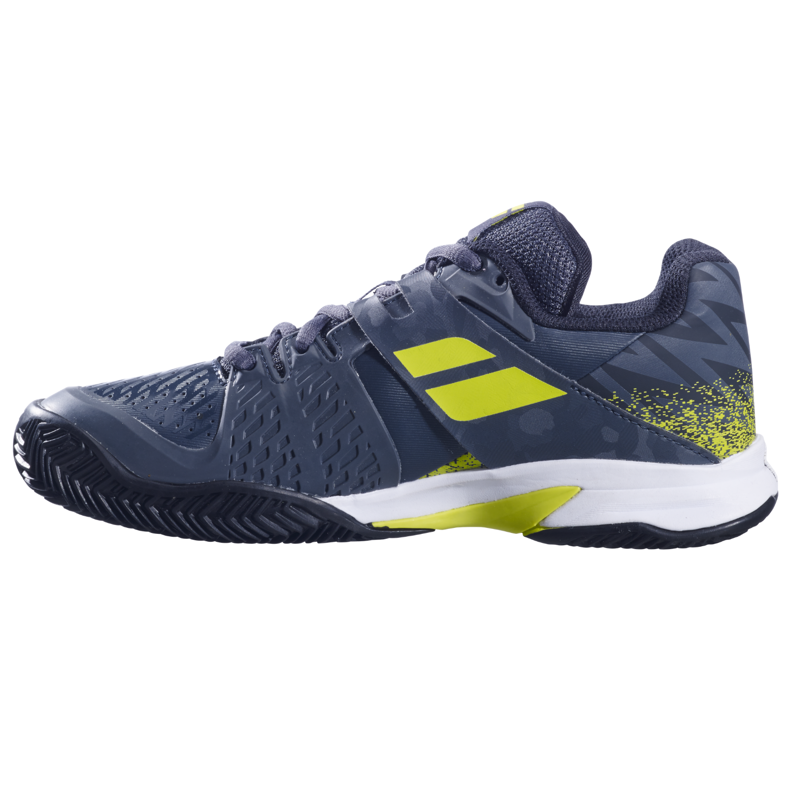Babolat Junior PRO Pulse tennis shoe, dark blue with neon yellow accents and a white sole.
