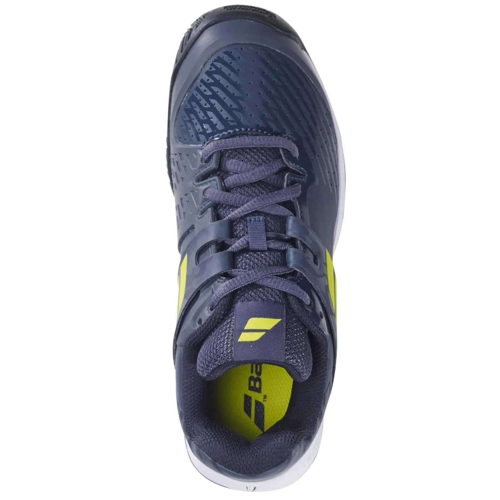 Babolat Junior PRO Pulse all-court tennis shoe in navy blue with neon yellow accents and durable outsole.