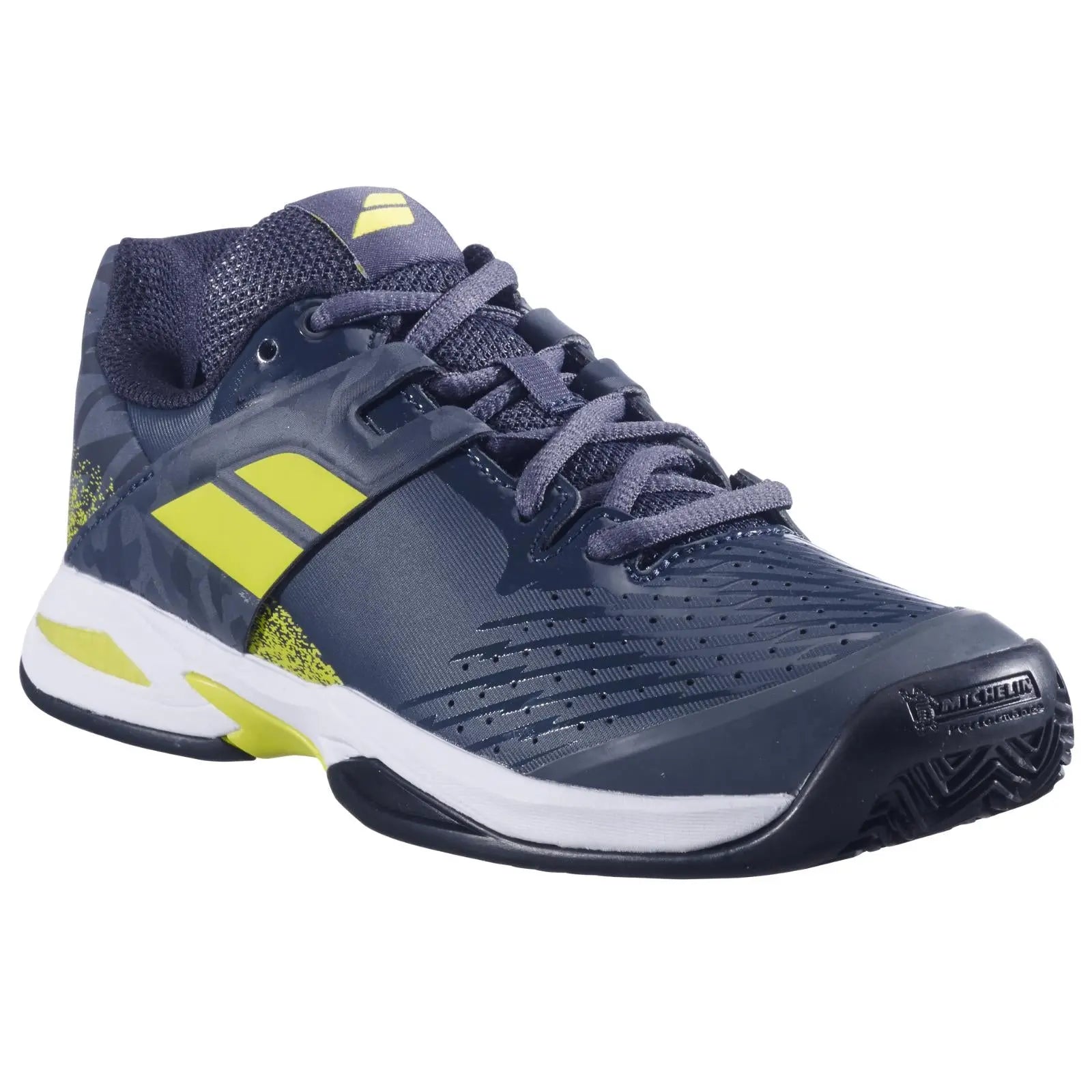 Babolat Junior PRO Pulse all-court tennis shoe in dark blue with neon yellow accents and white sole.