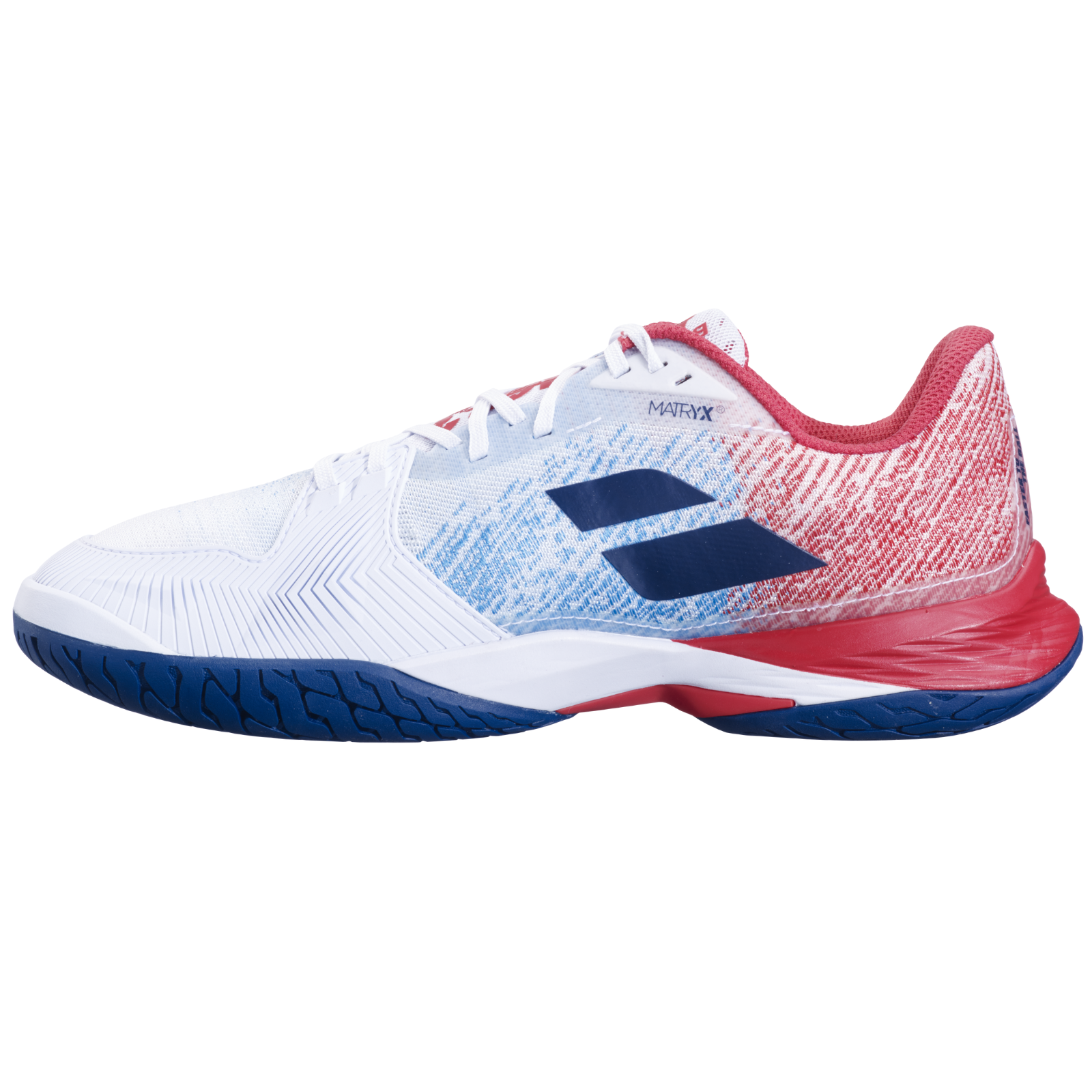 Babolat Men's Jet Mach 3 All Court tennis shoe in white, blue, and red with Matryx EVO upper.