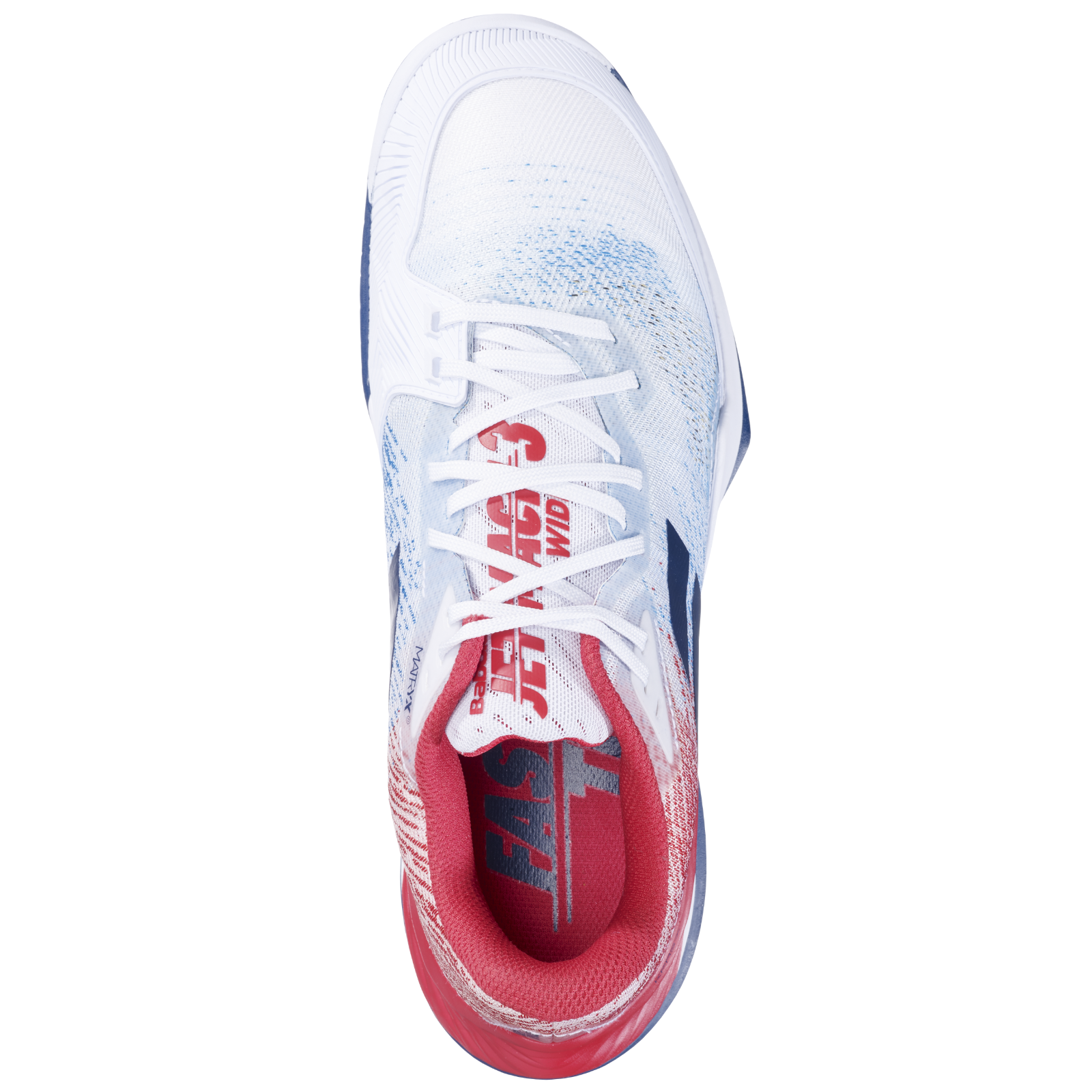 White Babolat Jet Mach 3 Wide tennis shoe with blue and red accents, Matryx EVO upper, and white laces.