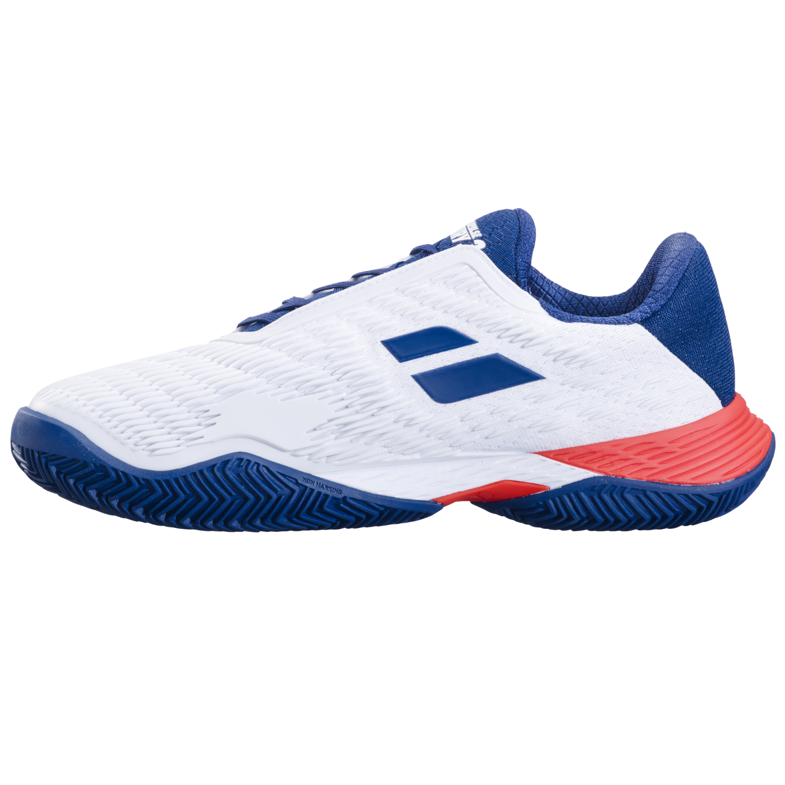 Babolat Propulse Fury 3 Clay men's tennis shoes in white, blue, and red with a durable mesh upper.