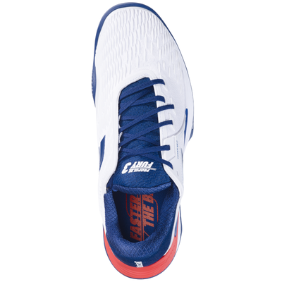 White Babolat Propulse Fury 3 men's clay court tennis shoe with blue laces and red accents.