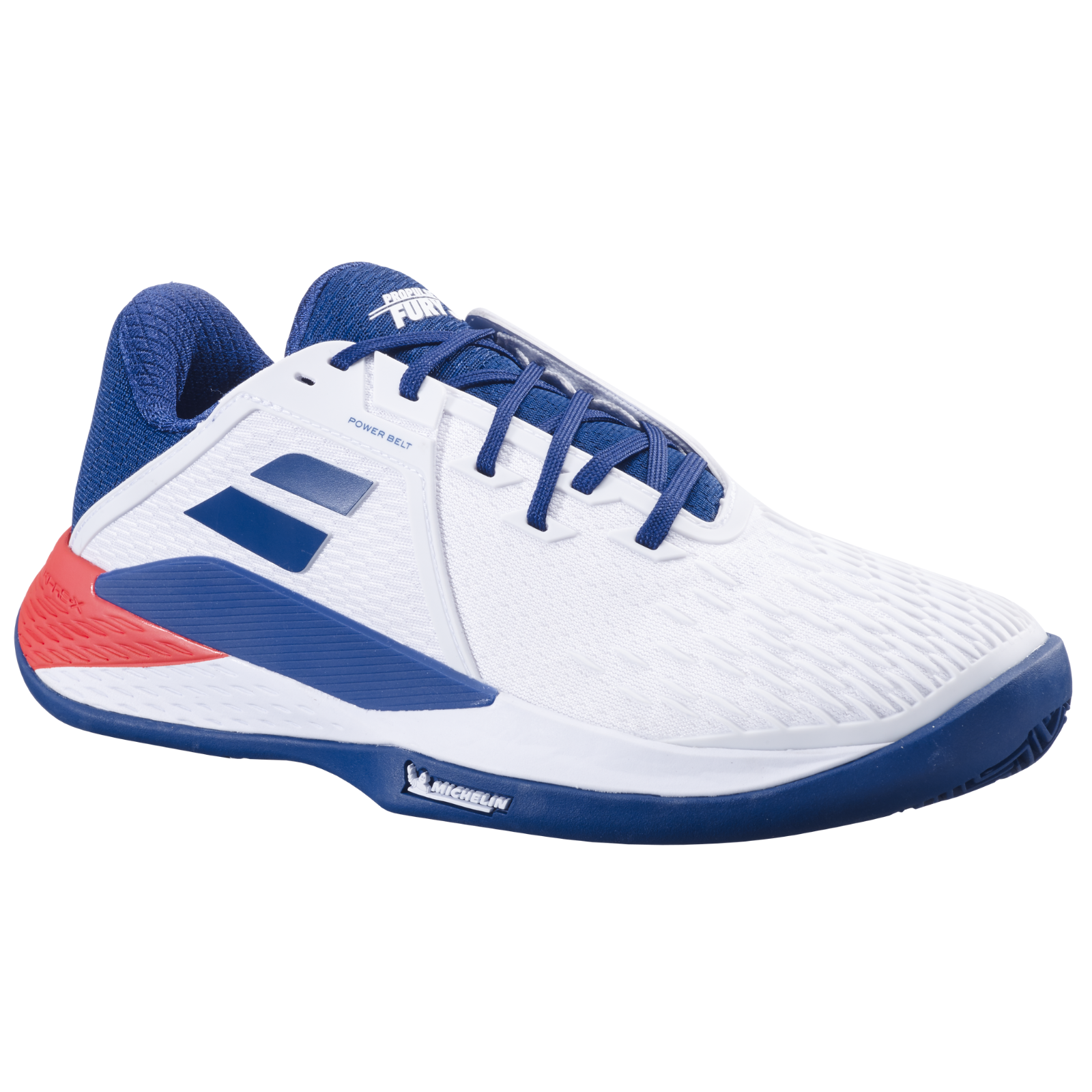 White Babolat Propulse Fury 3 clay court tennis shoe with blue accents and red heel detail.