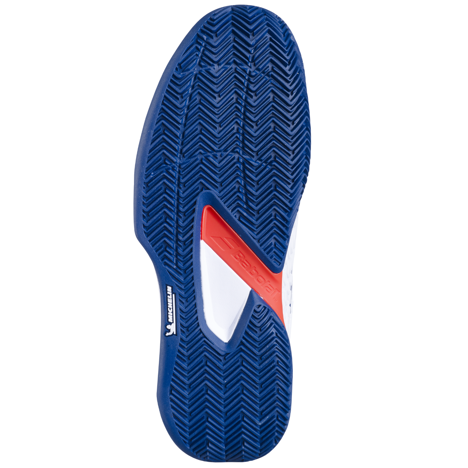 Babolat Propulse Fury 3 Clay men's tennis shoe sole: blue, herringbone pattern, red stability insert.