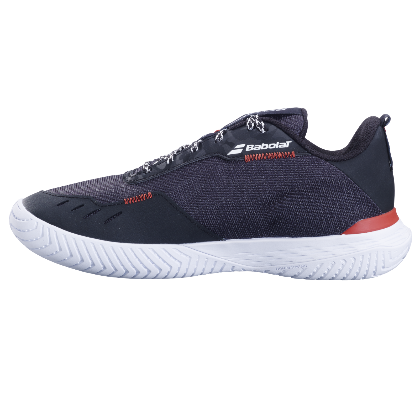 Babolat Men's SFX Evo all-court tennis shoe in black with white sole and red accents.
