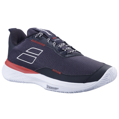 Babolat Men's SFX Evo tennis shoe in navy blue with red accents, white sole, and black laces.