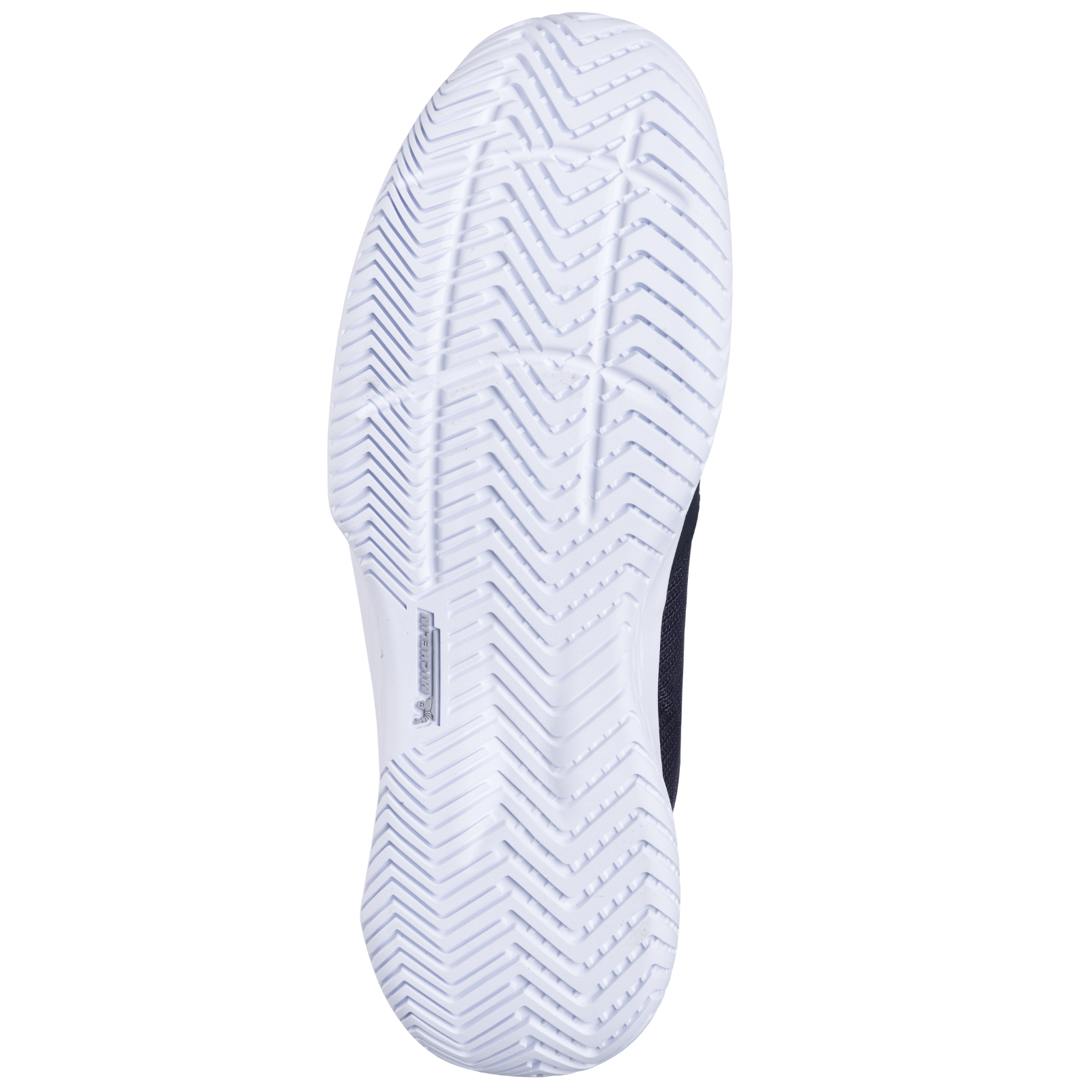 Babolat SFX Evo men's tennis shoe sole, white with zigzag traction pattern and Michelin logo.