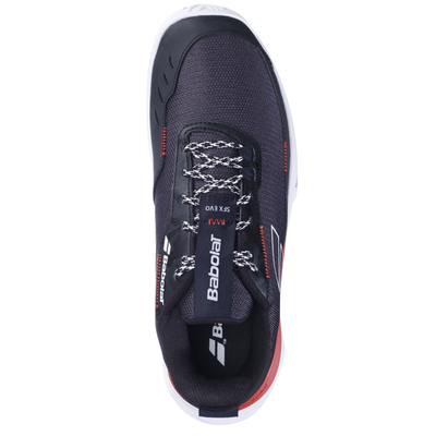 Babolat Men's SFX Evo all-court tennis shoe, top-down view. Dark blue mesh upper, white laces, red accents.