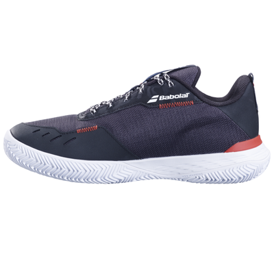 Babolat Men's SFX Evo clay court tennis shoe in dark blue mesh with white sole and red accents.
