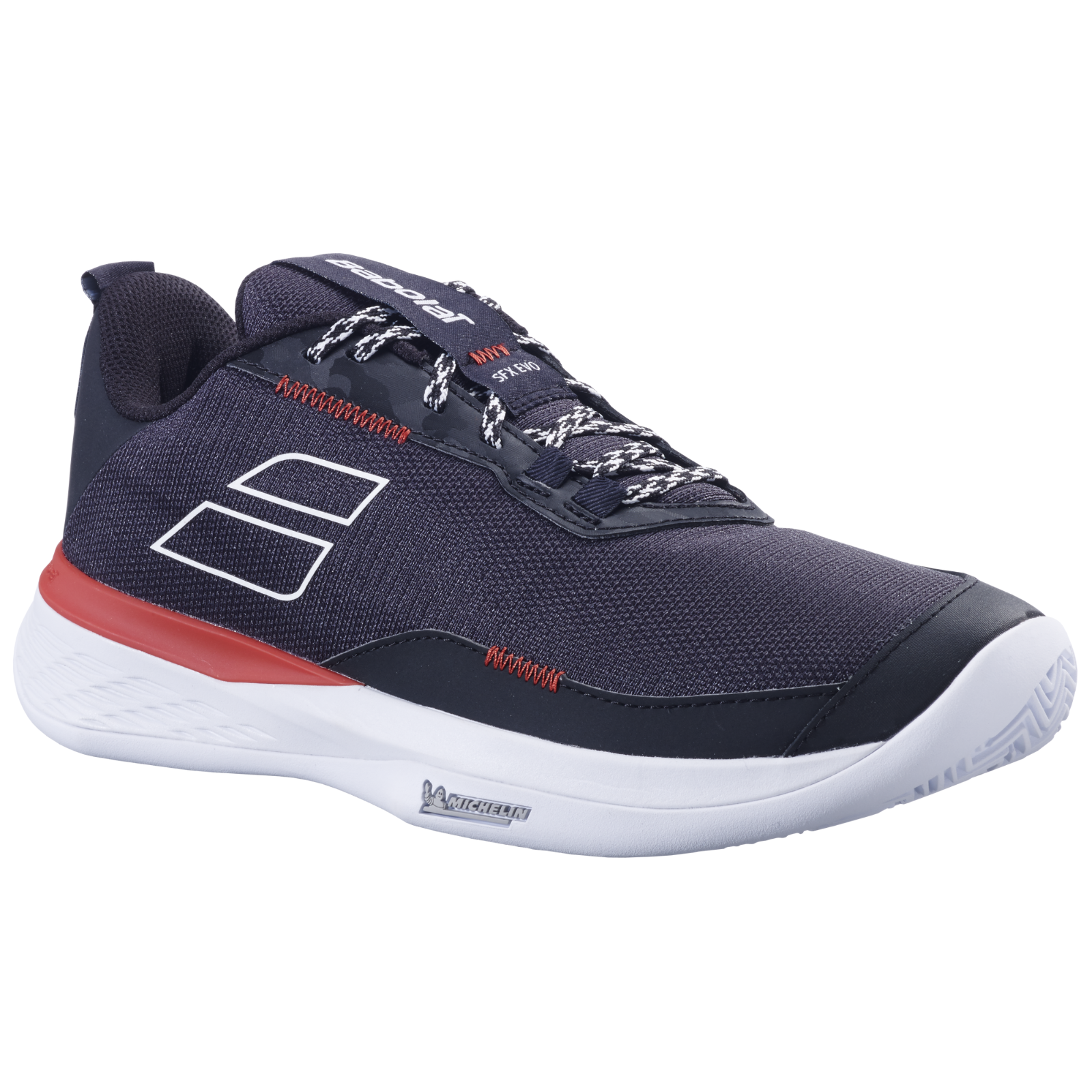 Babolat Men's SFX Evo clay court tennis shoe in navy blue with red accents, white sole, and mesh upper.