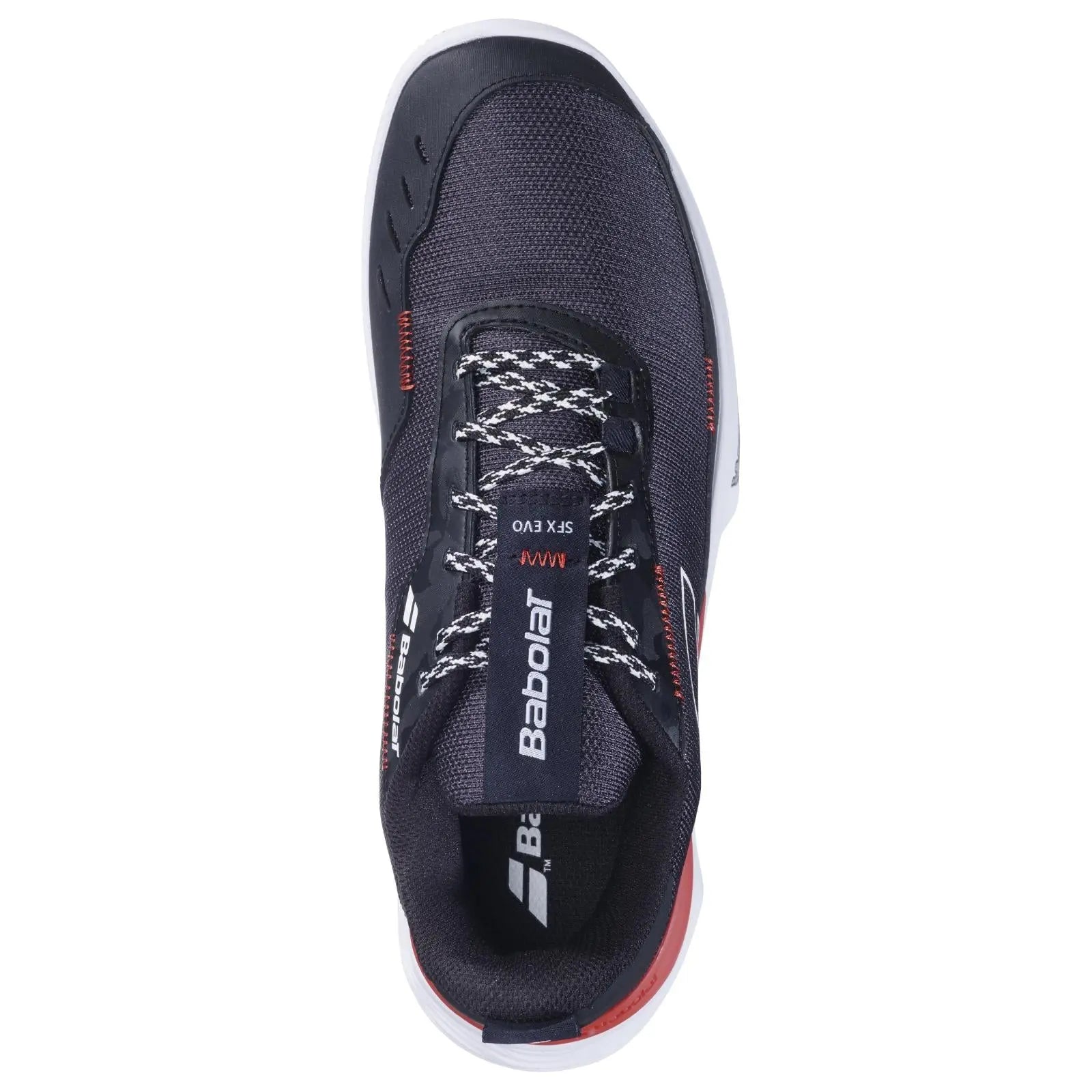 Babolat Men's SFX Evo clay court tennis shoe, dark grey mesh with white sole, red accents, and patterned laces.