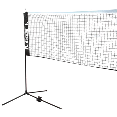 Babolat Mini Tennis Net, black with white top band, 5.8m wide, on a black tripod stand.