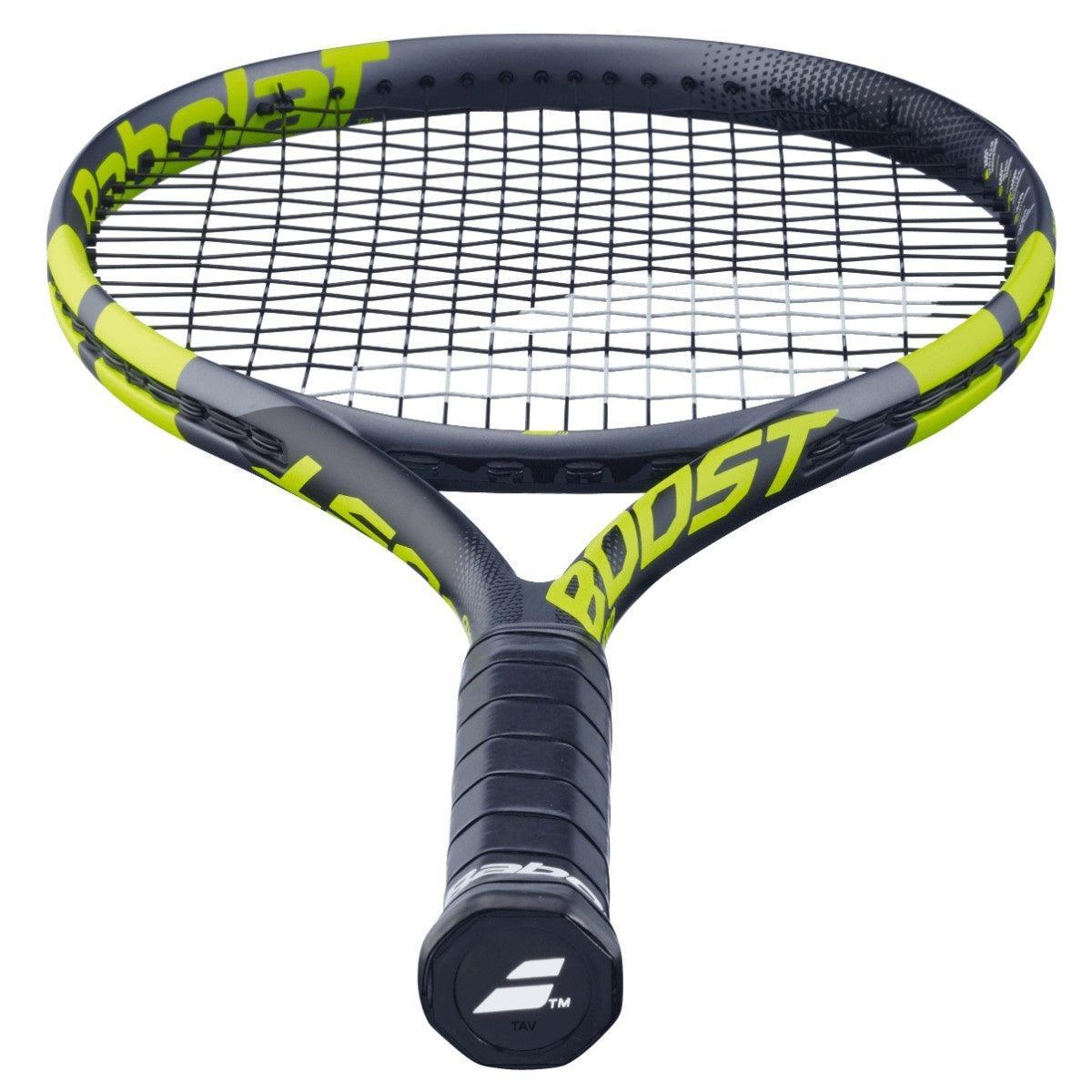 Babolat Boost Aero tennis racquet, dark grey with vibrant yellow accents, black grip.